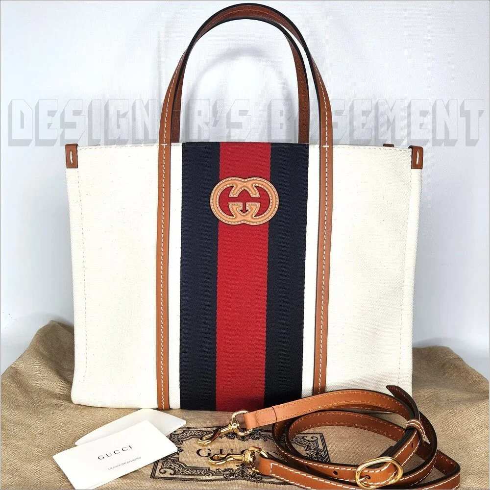 GUCCI white Canvas w/ cognac Leather Interlocking G WEB Medium Shopping Tote Bag - Picture 2 of 12